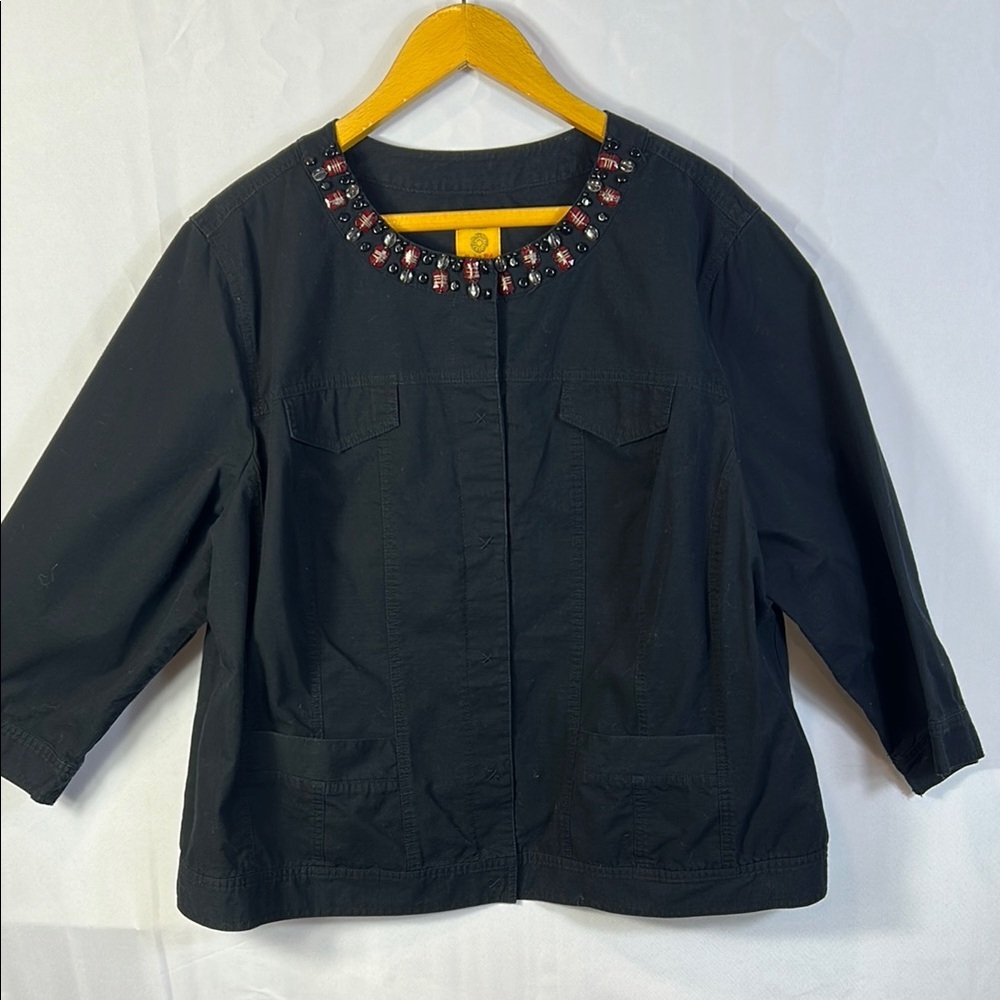 Ruby Rd. Embellished Beaded Black Denim Jacket Size 22W 3/4 Sleeve Like New